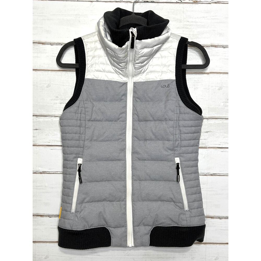 Lolë Puffer Vest Small Gray Black Duck Down Hooded Quilted Full Zip Outdoor